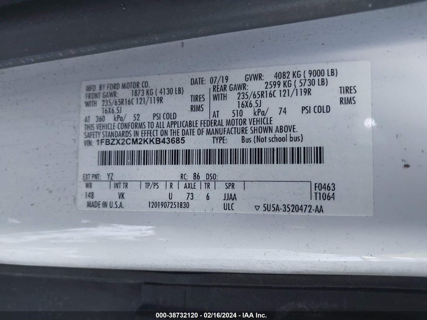 2019 FORD TRANSIT-350 XL - 1FBZX2CM2KKB43685