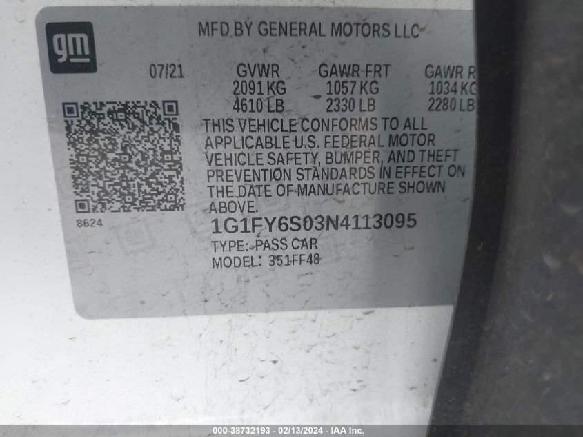 1G1FY6S03N4113095 2022 Chevrolet Bolt Euv Fwd Lt