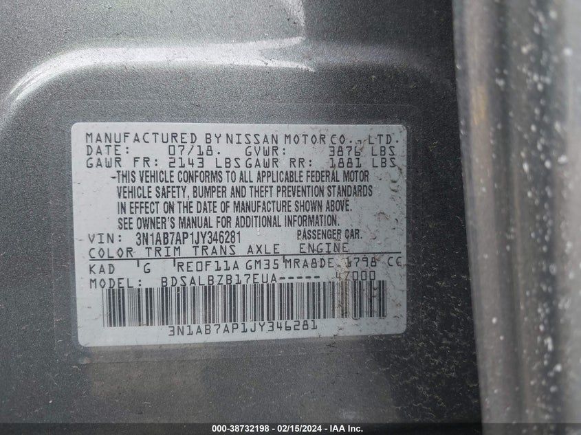 VIN 3N1AB7AP1JY346281 2018 NISSAN SENTRA S