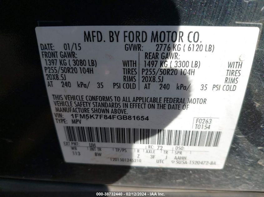 2015 Ford Explorer Limited VIN: 1SM5K7F84FGB81654 Lot: 38732440