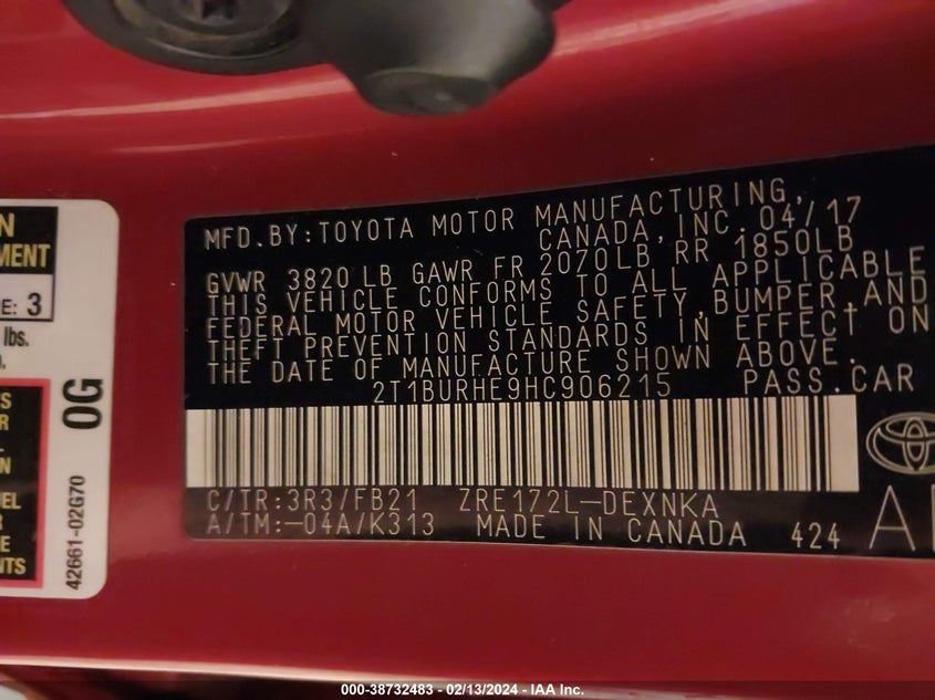 VIN 2T1BURHE9HC906215 2017 TOYOTA COROLLA LE