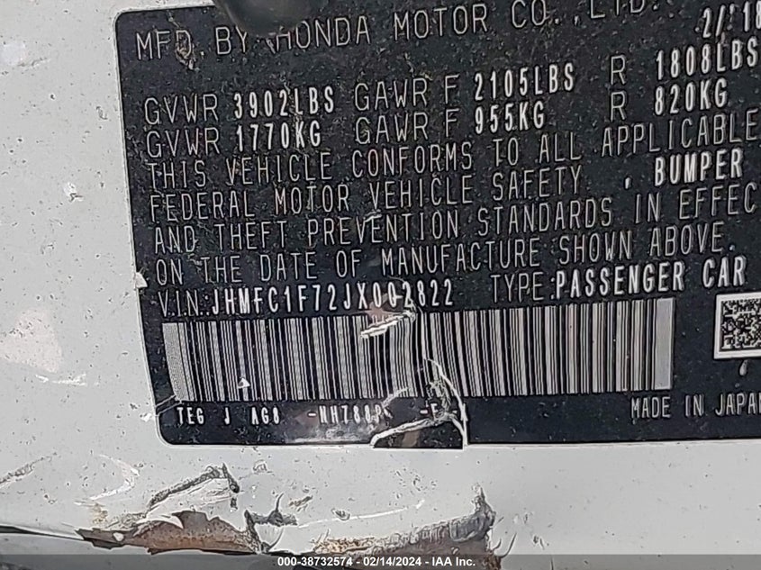 VIN JHMFC1F72JX002822 2018 HONDA CIVIC EXL