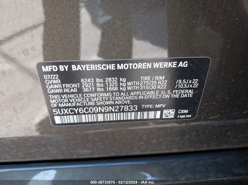 VIN 5UXCY6C09N9N27833 2022 BMW X6, Xdrive40I no.9