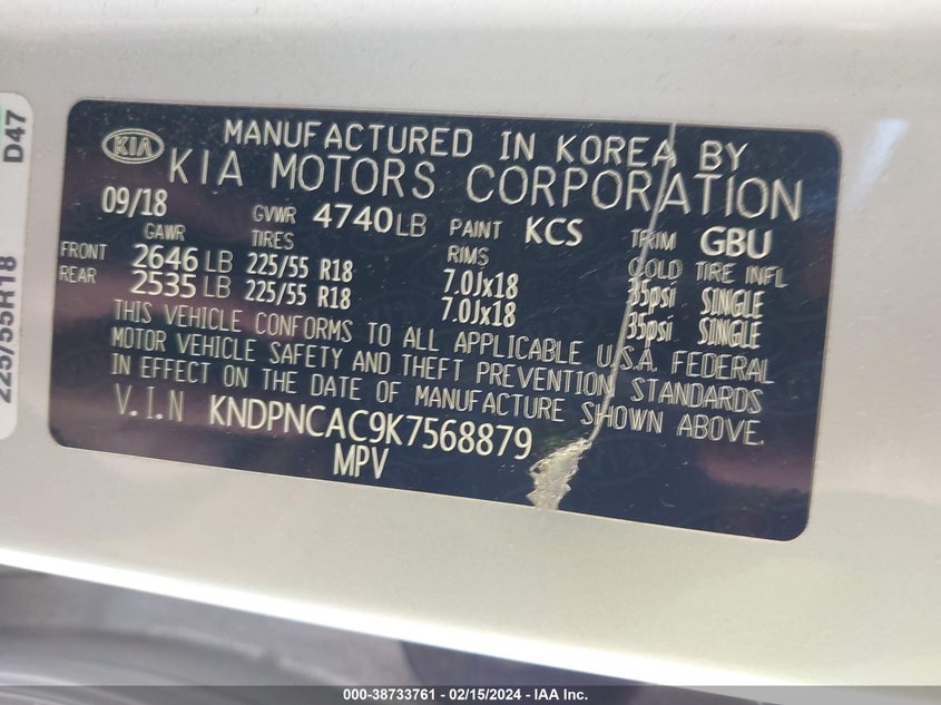 VIN KNDPNCAC9K7568879 2019 KIA SPORTAGE EX