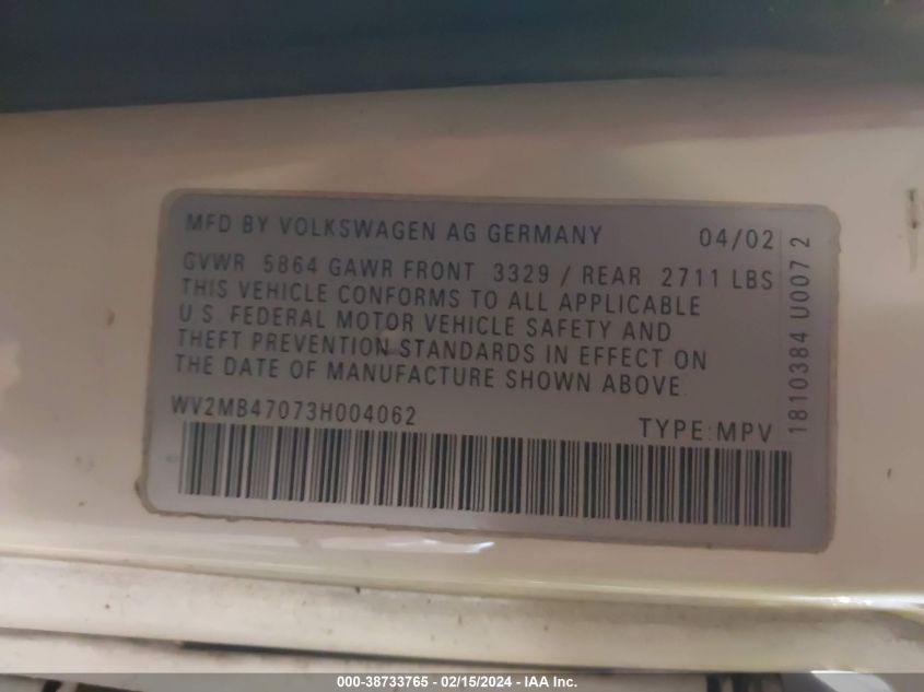 WV2MB47073H004062 2003 Volkswagen Eurovan Mv