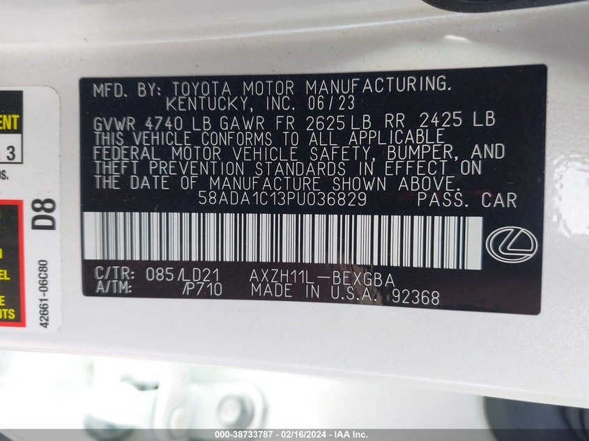 2023 LEXUS ES 300H 2.5L I-4 DI, DOHC, V(VIN: 58ADA1C13PU036829