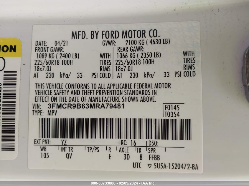 2021 FORD BRONCO SPORT BIG BEND - 3FMCR9B63MRA79481