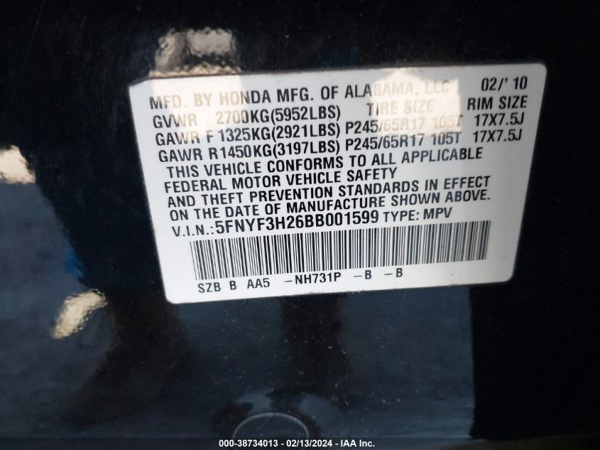 5FNYF3H26BB001599 2011 Honda Pilot Lx