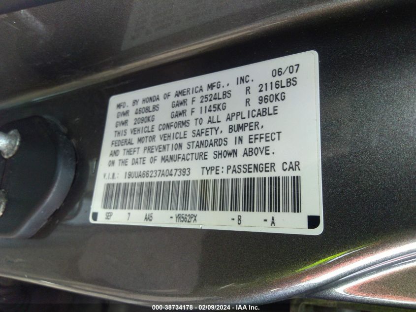 19UUA66237A047393 2007 Acura Tl 3.2