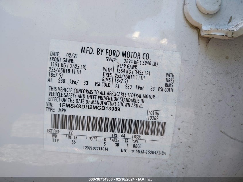 2021 FORD EXPLORER 2.3L I-4 DI, DOHC, V(VIN: 1FMSK8DH2MGB13989