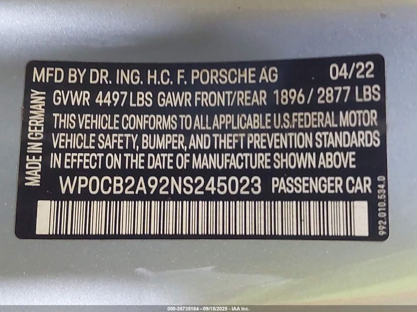 2022 Porsche 911 Carrera 4 Gts Cabriolet/Carrera 4S Cabriolet/Carrera Gts Cabriolet/Carrera S Cabriolet VIN: WP0CB2A92NS245023 Lot: 38735184