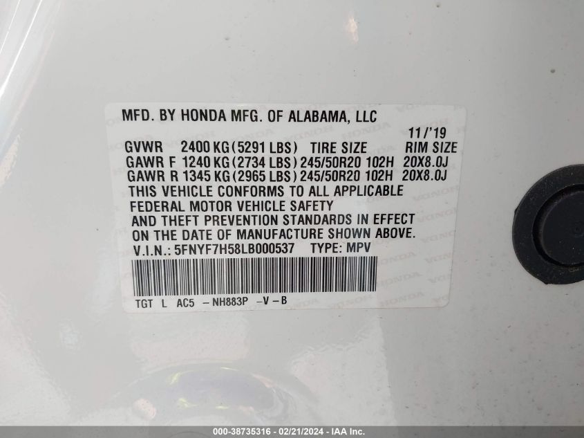 2020 Honda Passport 2Wd Ex-L VIN: 5FNYF7H58LB000537 Lot: 38735316