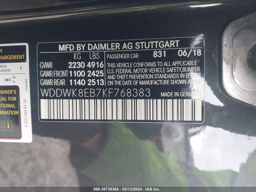 VIN WDDWK8EB7KF768383 2019 MERCEDES-BENZ C 300 4MATIC