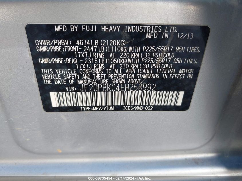 JF2GPBKC4EH253992 2014 Subaru Xv Crosstrek Hybrid 2.0I Touring