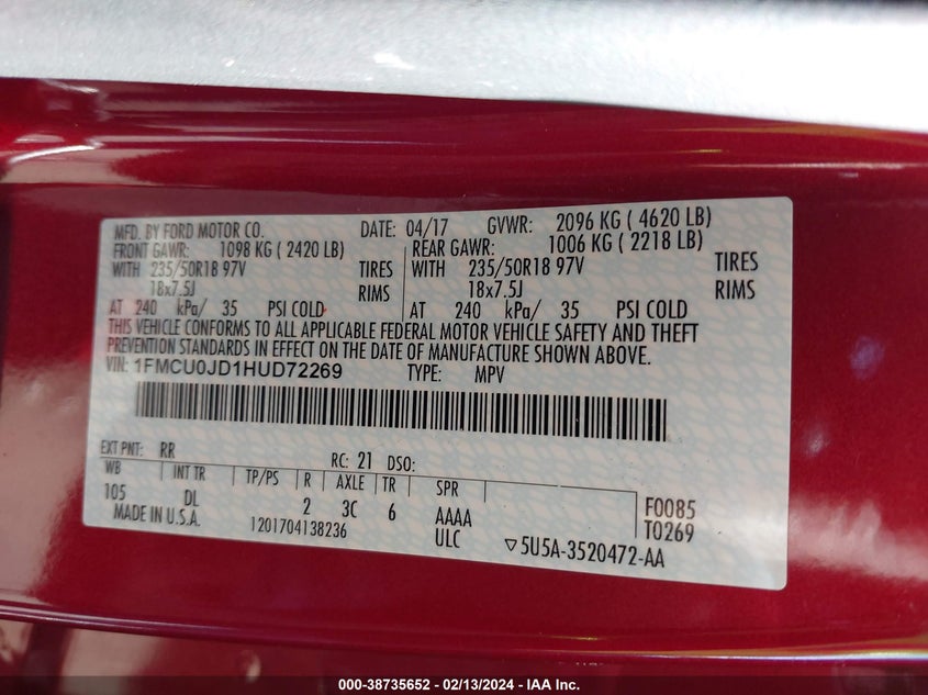 VIN 1FMCU0JD1HUD72269 2017 FORD ESCAPE TITANIUM