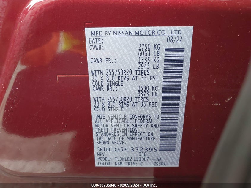 VIN 5N1DL1GS5PC332395 2023 INFINITI QX60 SENSORY AWD