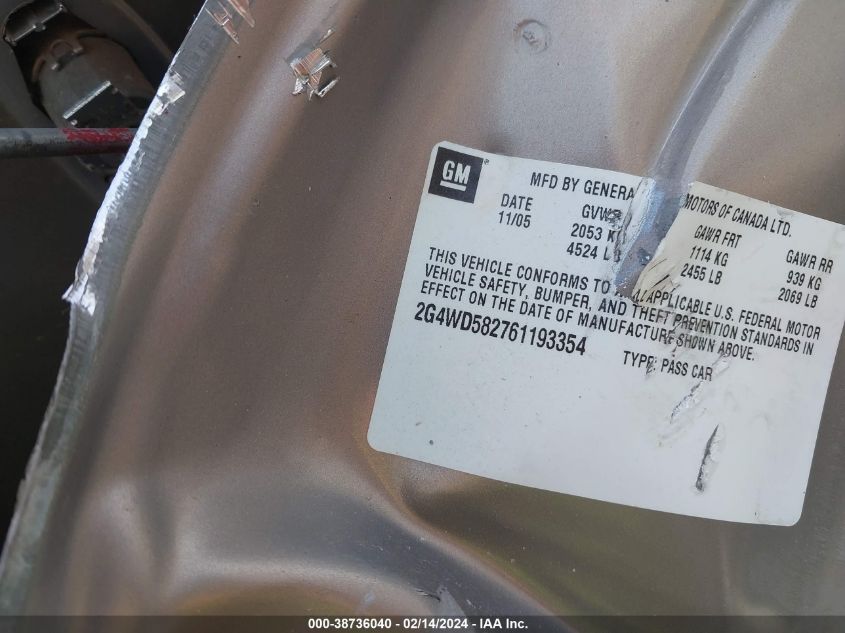 2006 Buick Lacrosse Cxl VIN: 2G4WD582761193354 Lot: 38736040