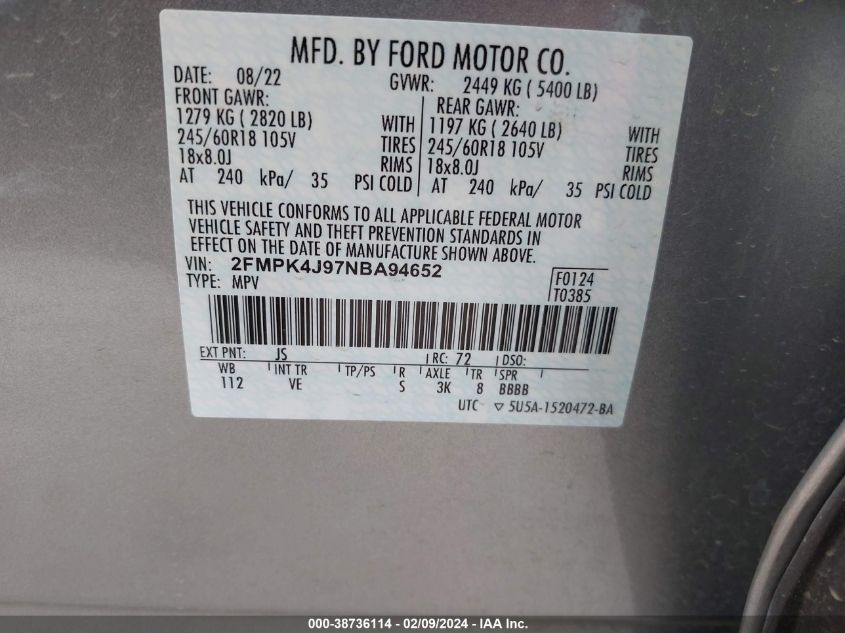 2FMPK4J97NBA94652 2022 FORD EDGE, photo no. 9