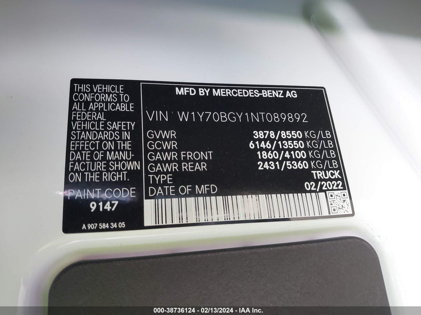 2022 MERCEDES-BENZ SPRINTER 1500 STANDARD ROOF I4 - W1Y70BGY1NT089892