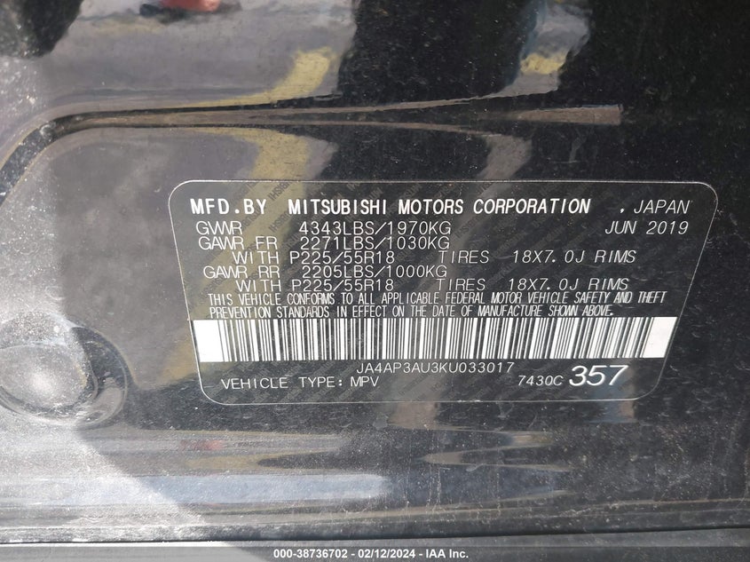VIN JA4AP3AU3KU033017 2019 MITSUBISHI OUTLANDER SPORT 2.0 ES