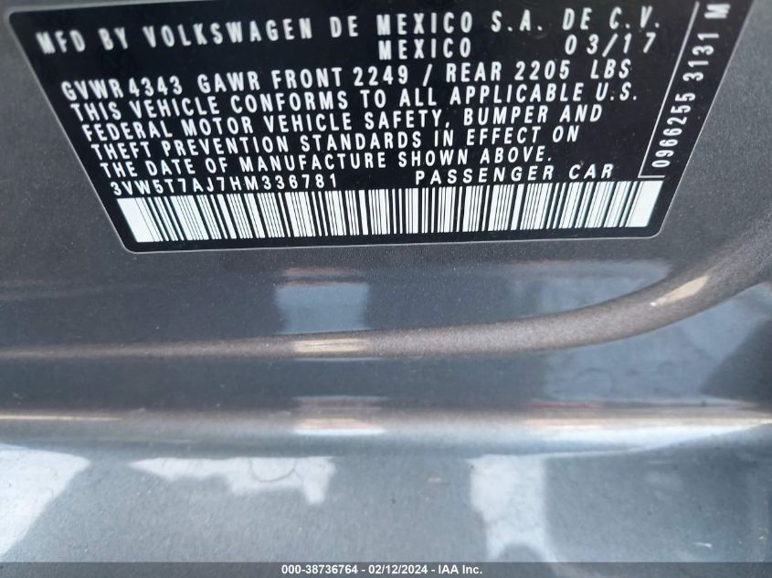 3VW5T7AJ7HM336781 2017 Volkswagen Jetta Gli