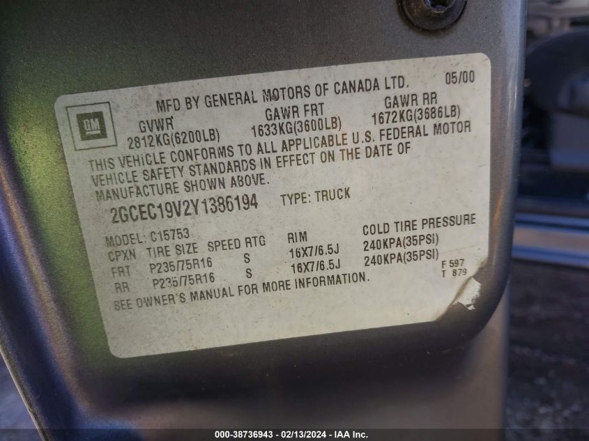 2GCEC19V2Y1386194 2000 Chevrolet Silverado 1500 Ls
