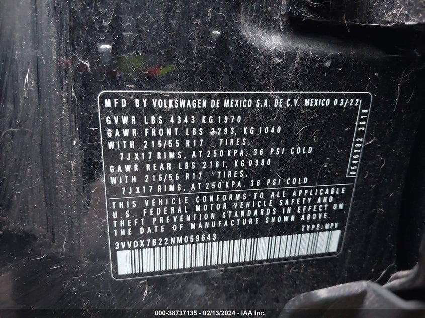 2022 VOLKSWAGEN TAOS 1.5T S - 3VVDX7B22NM059643