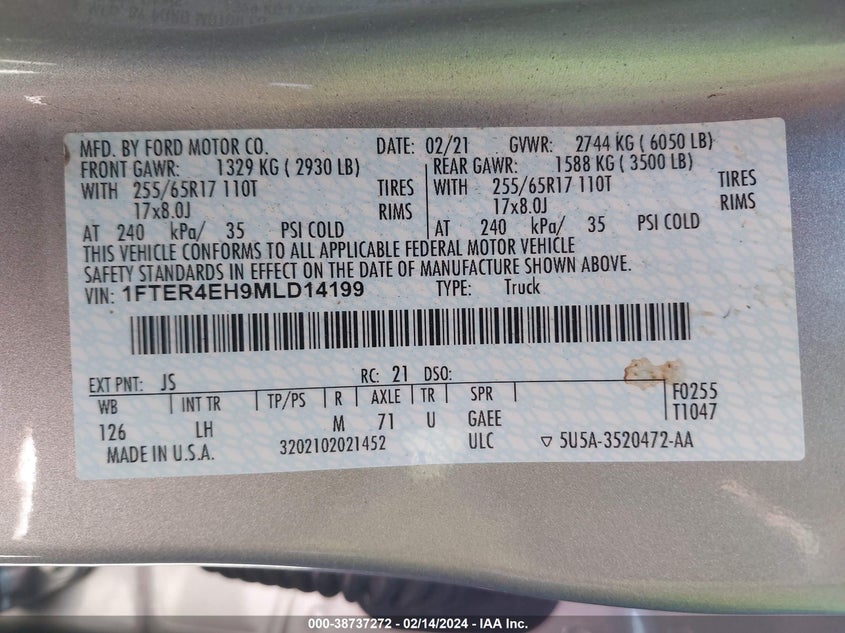 VIN 1FTER4EH9MLD14199 2021 FORD RANGER XL/XLT/LARIAT
