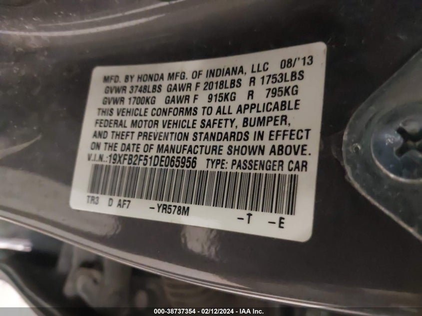 2013 HONDA CIVIC VIN: 19XFB2F51DE065956