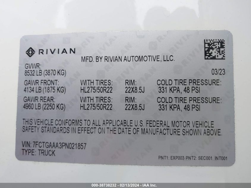 2023 Rivian R1T Adventure Quad Motor Large Pack VIN: 7FCTGAAA3PN021857 Lot: 38738232