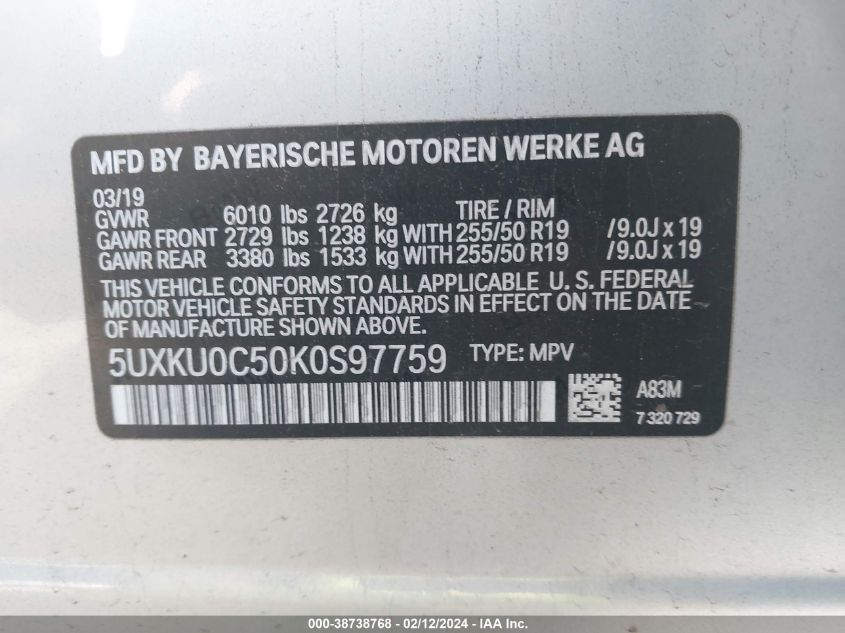 VIN 5UXKU0C50K0S97759 2019 BMW X6, Sdrive35I no.9