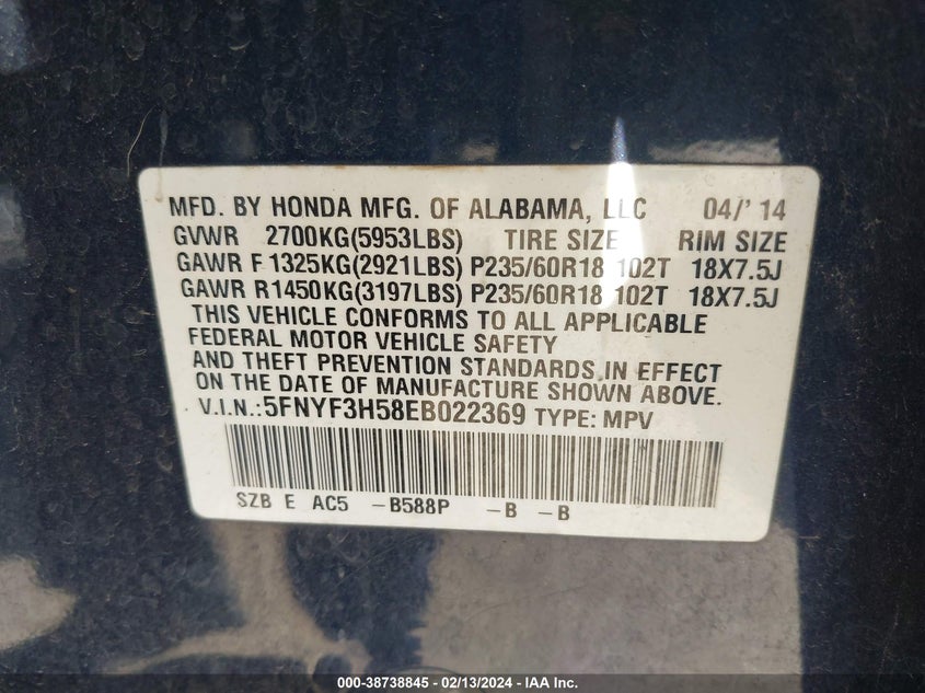 2014 HONDA PILOT EXL - 5FNYF3H58EB022369