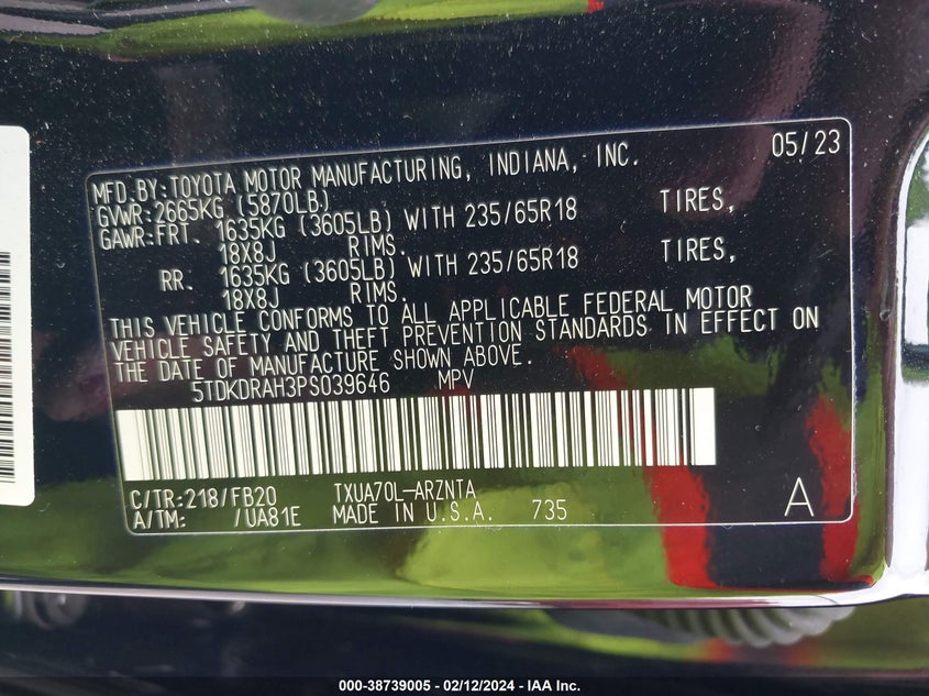 2023 TOYOTA HIGHLANDER VIN: 5TDKDRAH3PS039646
