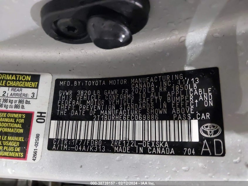 2014 TOYOTA COROLLA L/LE/LE PLS/PRM/S/S PLS - 2T1BURHE6EC069886