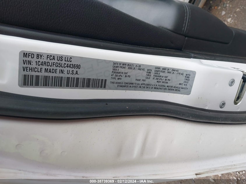 2020 DODGE DURANGO PURSUIT AWD - 1C4RDJFG5LC443690