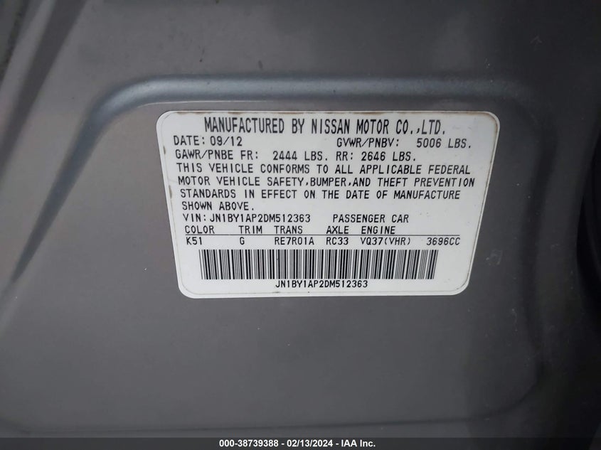 2013 INFINITI M37 - JN1BY1AP2DM512363