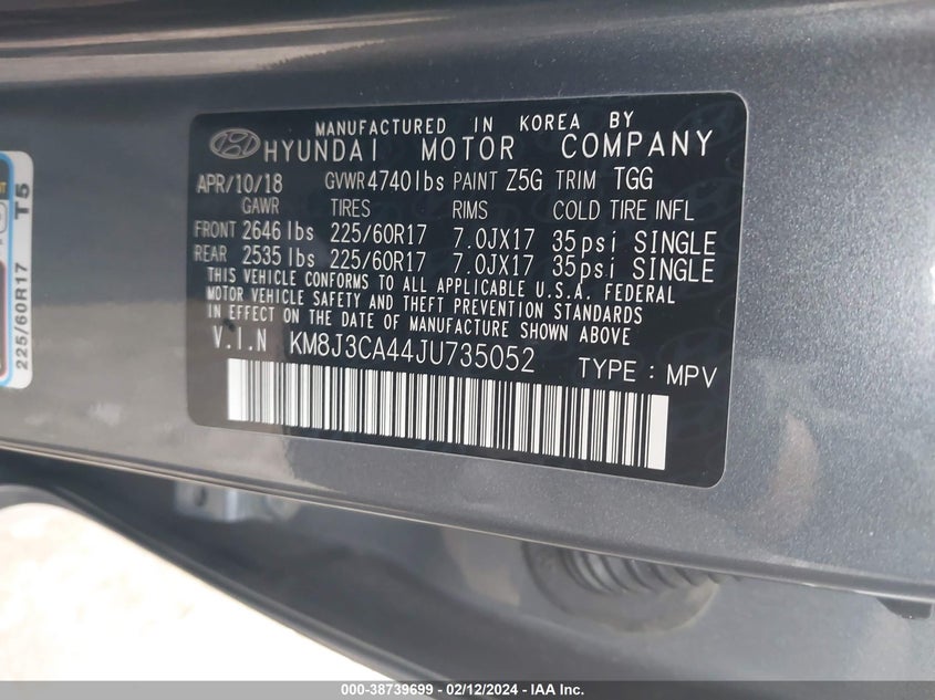 VIN KM8J3CA44JU735052 2018 HYUNDAI TUCSON SEL