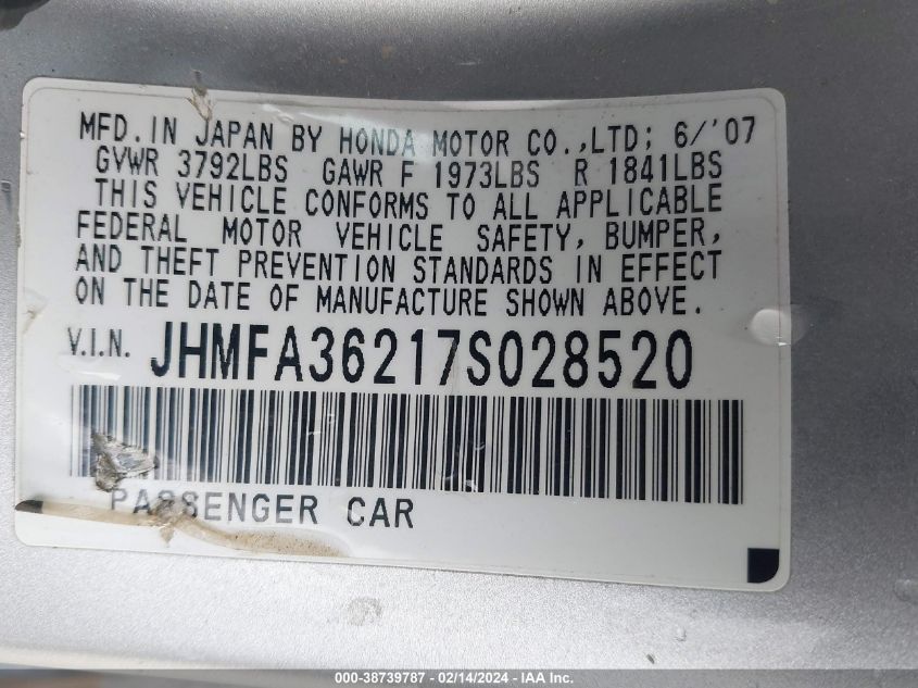 JHMFA36217S028520 2007 Honda Civic Hybrid