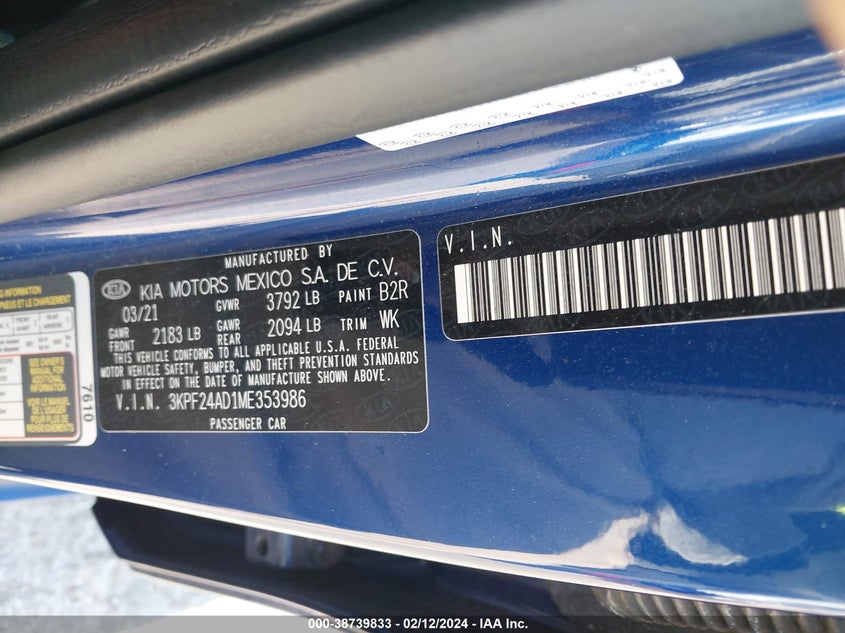 VIN 3KPF24AD1ME353986 2021 KIA FORTE LXS