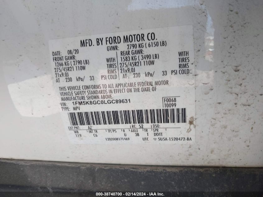 1FM5K8GC0LGC89631 2020 Ford Explorer St