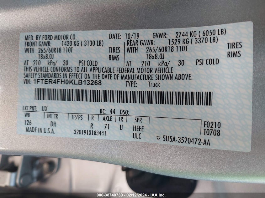 VIN 1FTER4FH0KLB13268 2019 FORD RANGER LARIAT