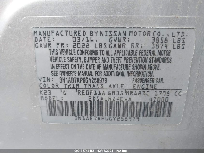 2016 Nissan Sentra Sr VIN: 3N1AB7AP6GY258979 Lot: 38741155