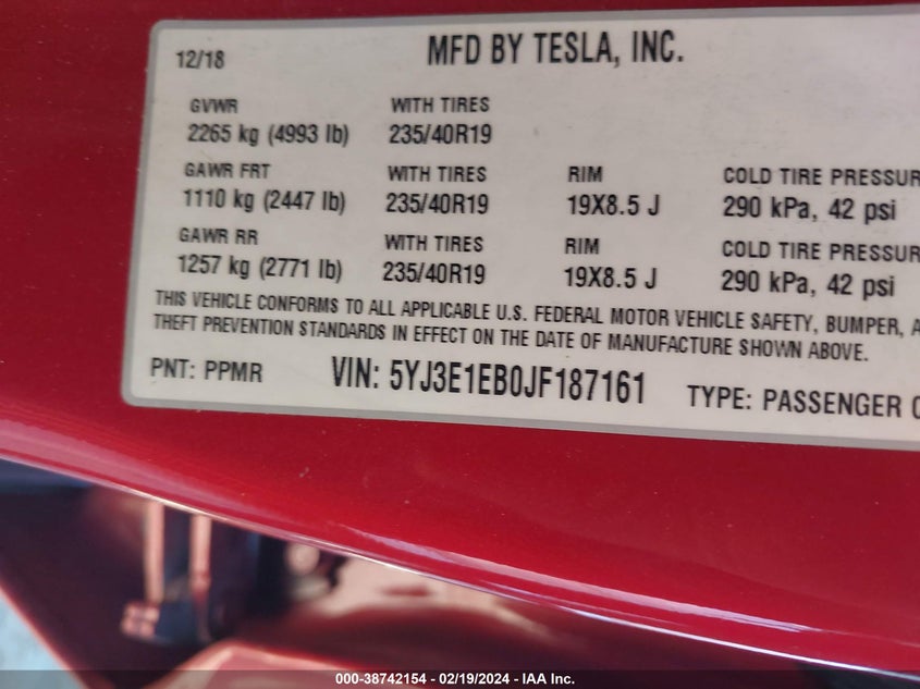 VIN 5YJ3E1EB0JF187161 2018 TESLA MODEL 3 LONG RANGE/PERFORMANCE