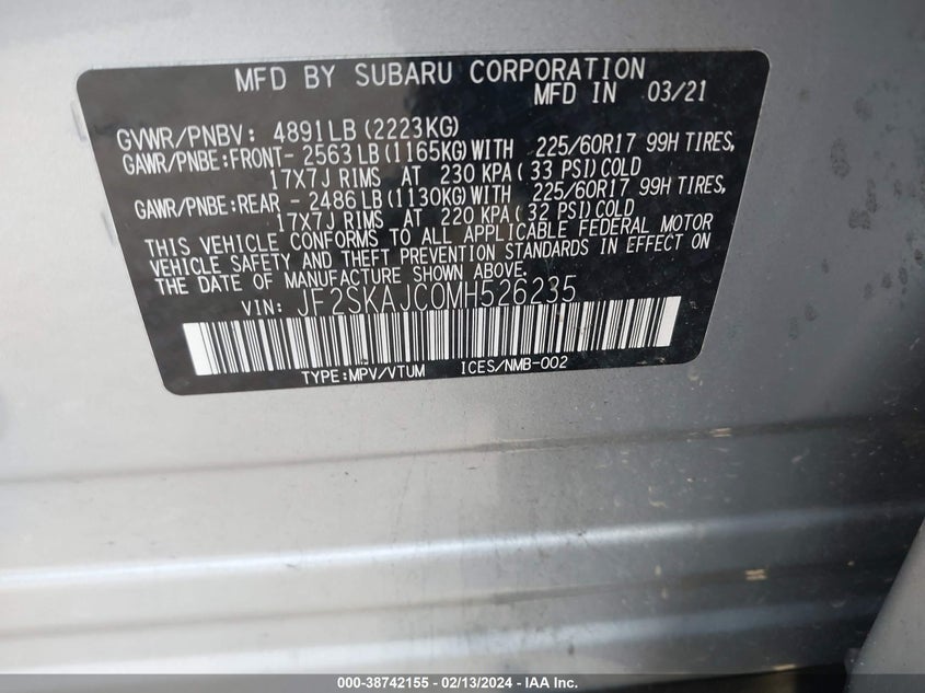 VIN JF2SKAJC0MH526235 2021 SUBARU FORESTER PREMIUM