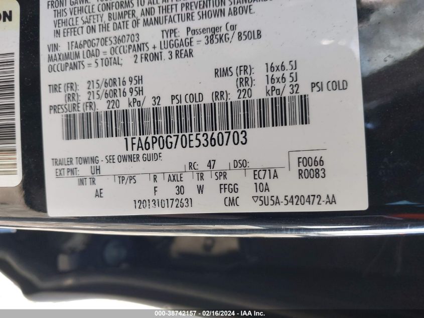 1FA6P0G70E5360703 2014 Ford Fusion S