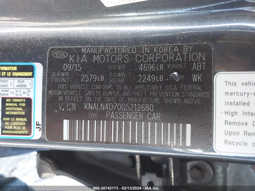 2016 KIA CADENZA PREMIUM KNALN4D70G5212680