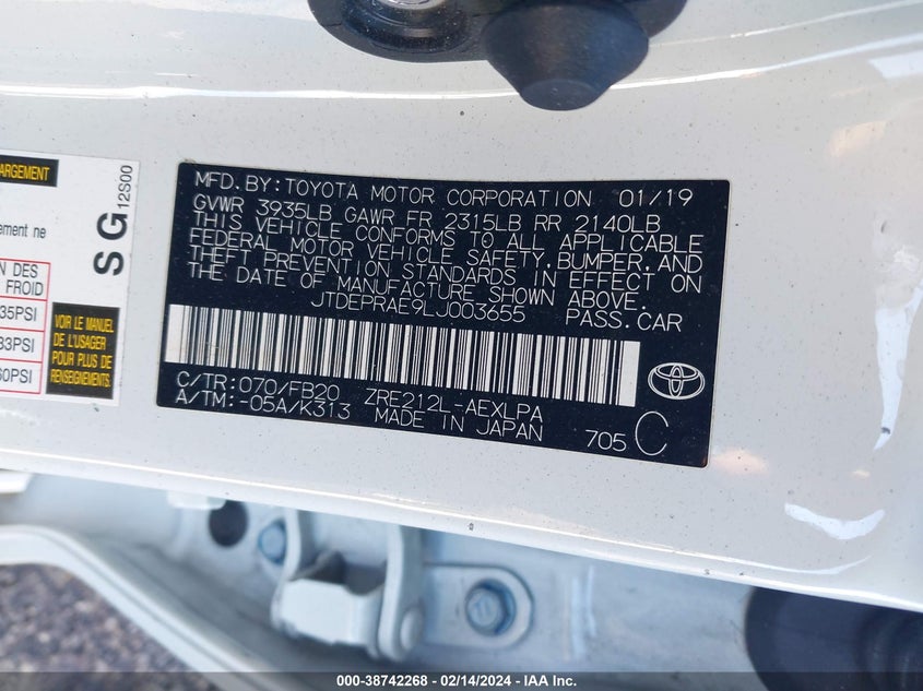 VIN JTDEPRAE9LJ003655 2020 TOYOTA COROLLA LE