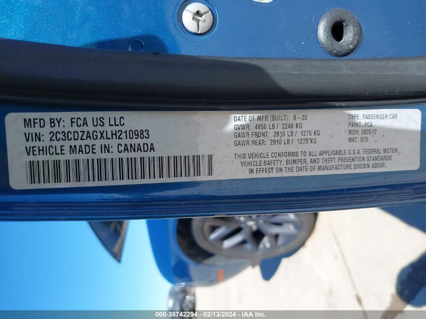 2020 DODGE CHALLENGER SXT - 2C3CDZAGXLH210983