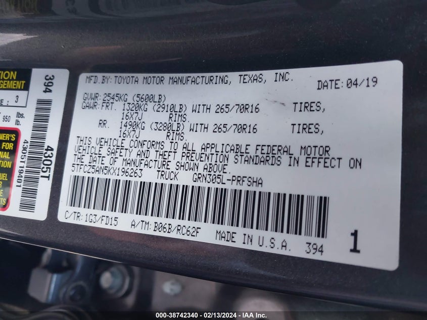 VIN 5TFCZ5AN5KX196263 2019 TOYOTA TACOMA TRD OFF ROAD