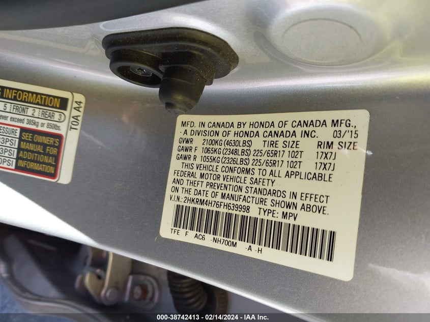 2015 HONDA CR-V EX-L - 2HKRM4H76FH639998